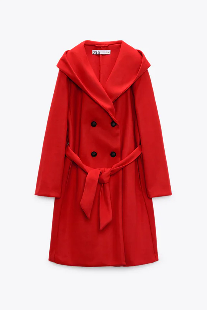 Zara Belted Red Hooded Coat