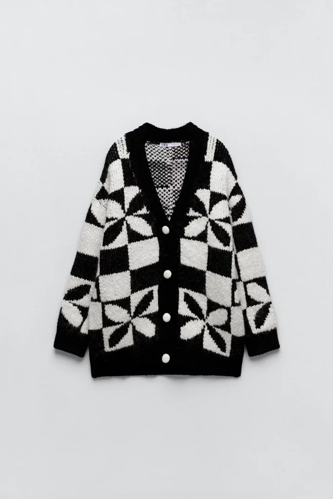 Zara Checkered Knit Jacquard Cardigan