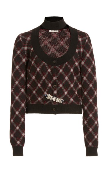 miu miu embelleshed cutout plaid wool cropped cardigan