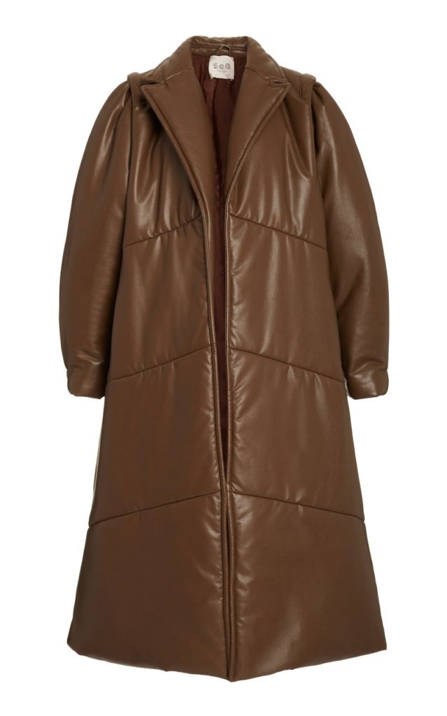 large sea brown quilted belted vegan leather coat