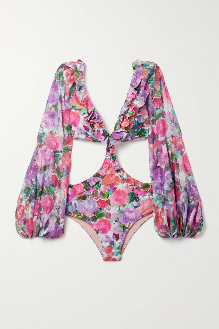 blossom cutout ruffled floral jacquard swimsuit