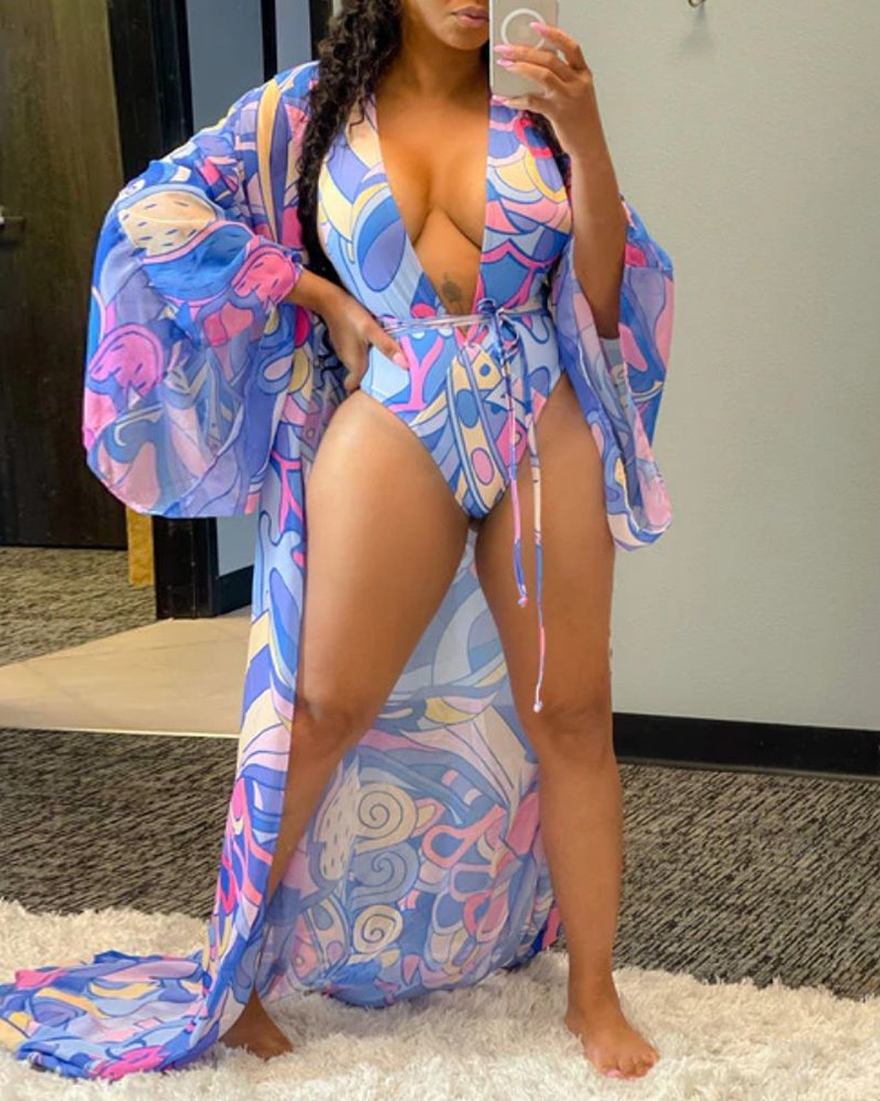 3 piece colorblock one piece swimwear robe set