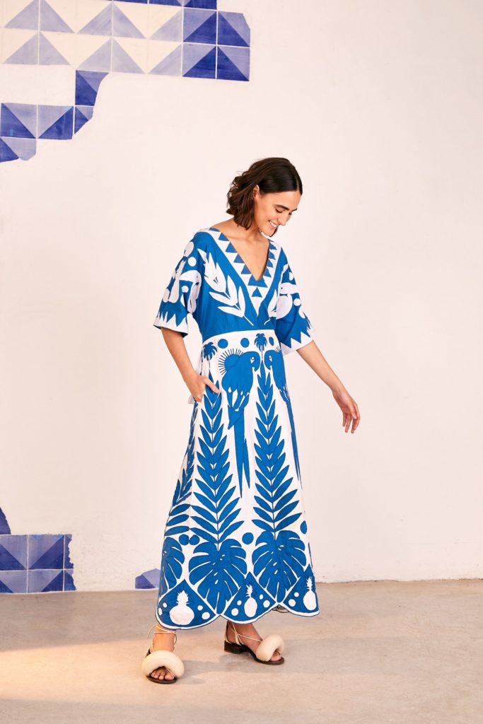 Farm Rio Blue Patchwork Embroidered Dress