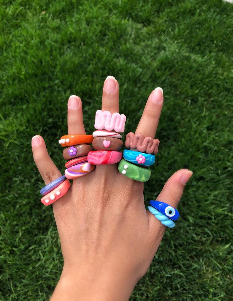 handmade trendy colorful polymer clay rings