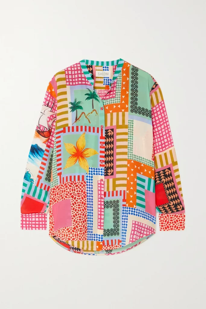 Saloni bobbi patchwork printed silk crepe de chine shirt