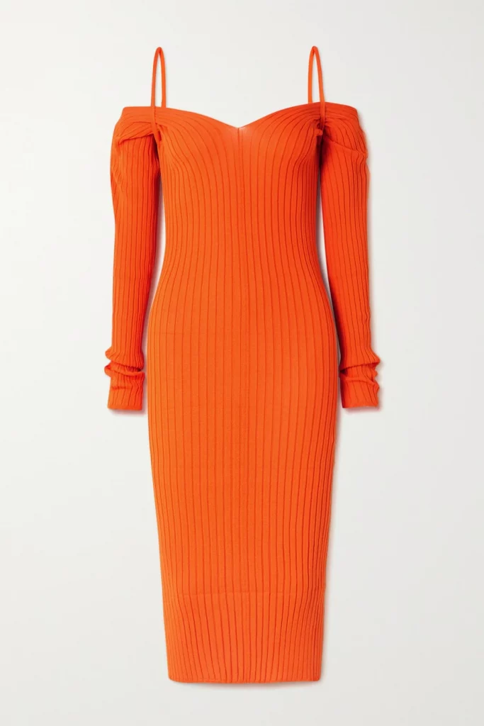 Ioaness knee length dress billowy cold shoulder ribbed knit midi dress