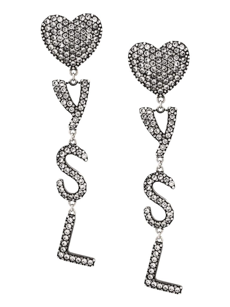 Silver Tone Heart Logo Drop Saint Laurent Earrings