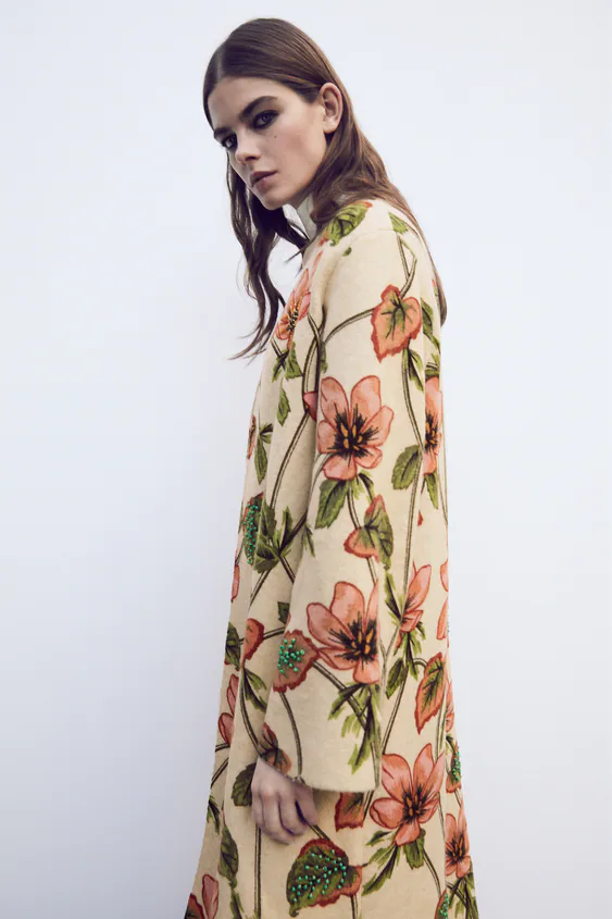 Zara Jacquard Floral Knit Coat